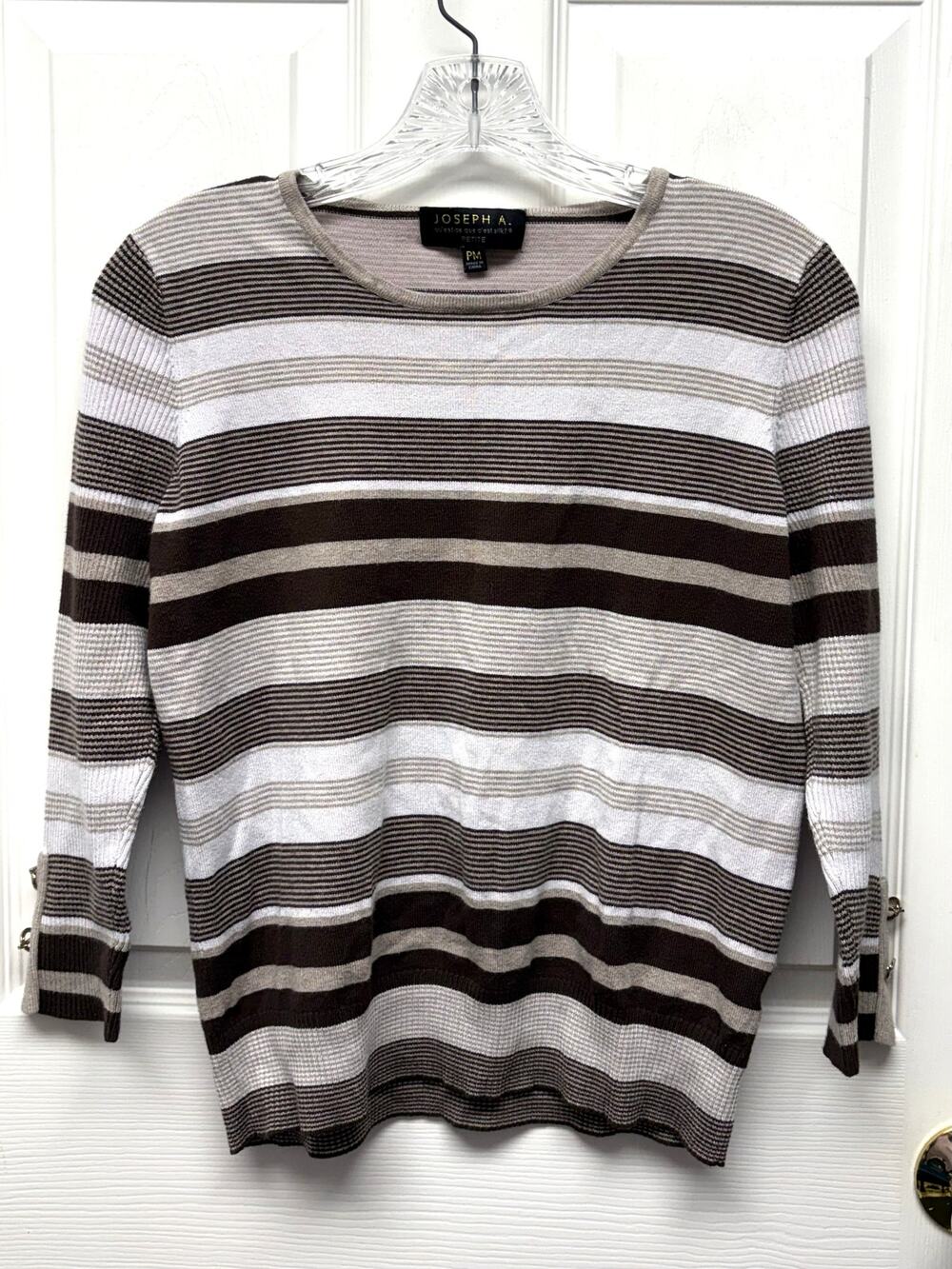 Joseph A Sweater Striped Brown Black White Stripe Crew Neck Pullover Women’s PM
